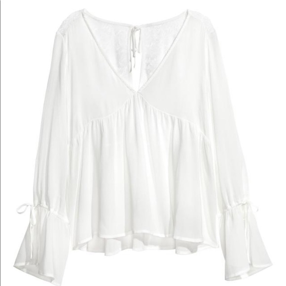 H&M WHITE LONG SLEEVE TOP SHIRT LACE V NECK - Picture 2 of 6
